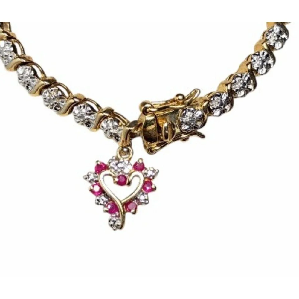 Ruby Diamond Heart Pendant Gold Vermeil Sterling Silver Tennis Bracelet 7.5